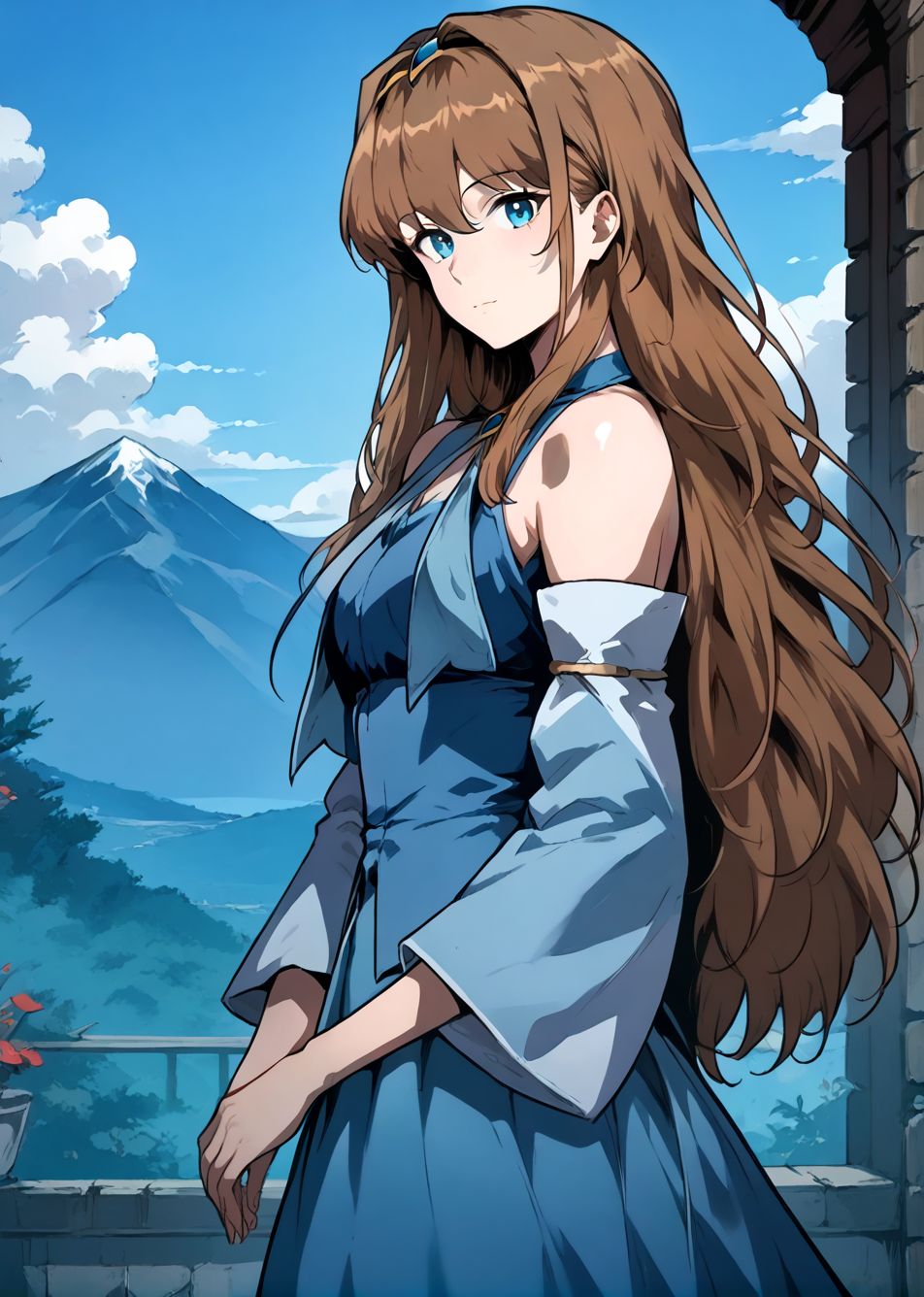 <lora:Anjac_Protesia:1>
1 girl, solo, brown hair, long hair, hair between eyes, bangs, blue eyes,  <lora:!action-sdxl-V0.5:1>
blue dress,  detached sleeves, hairband, skirt, long dress, wide sleeves, bare shoulders, 
score_9, score_8_up, score_7_up, source anime, BREAK,  cowboy shot, (from side), looking back, looking at viewer, overlooking mountain, high altitude, scenery, exterior, background, (solo), perfect hands, <lora:light:1>