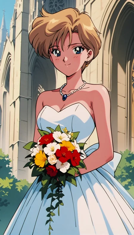 masterpiece,best quality,very aesthetic,absurdres,<lora:Sailor Uranus XL:0.9>,1990s \(style\),1girl,solo,Sailor Uranus XL,blue eyes,short hair,very short hair,blonde hair,wedding dress,cathedral,outdoors,necklace,earrings,holding bouquet,multicolored flower,smile,