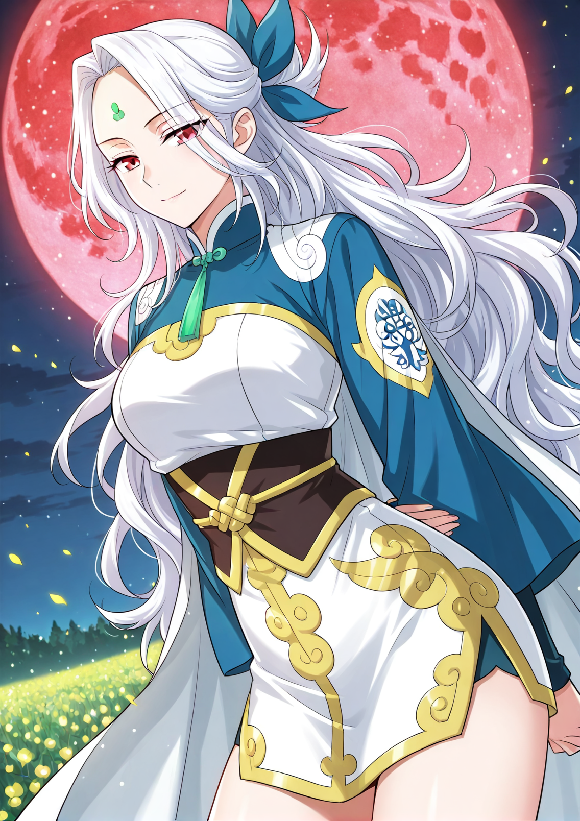<lora:Yao_Ling__Battle_Through_the_Heavens__Illustrious:1>
1 girl, solo, long white hair, wavy hair, side ponytail with bow, half updo, red eyes, forehead mark, one hair strand sticking up, anime style, 
chinese dress, short dress, blue and white dress, lime green accents, high slit dress, long wide sleeves, blue sleeves, dark waist corset, emblem on sleeve, decorated dress hem, cape-like cloth behind, ornamental design, blue ribbon hair accessory, 
score_9, score_8_up, score_7_up, very aesthetic, source_anime, detailed, high quality, beautiful, masterpiece, detailed eyes, field, blurry background, pose dynamic angle, upper body, cowboy shot, light smile, floating hair, half-closed eyes, hands behind back, leaning forward, looking forward, looking at viewer, night, red moon