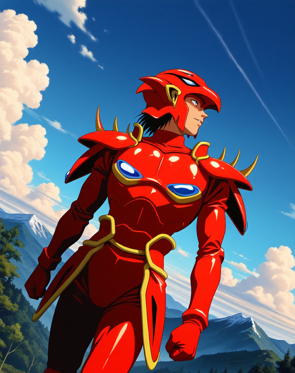 <lora:Mushra_(Shinzo)_(Illustrious)_(AD):1.35> Mushra, phoenix armor, Shinzo, 
exterior, vivid anime blue sky with detailed clouds, mountains, nature, dynamic action, dutch angle, male focus, head turned to side, glossy red armor, brash happy expression, male focus, forward facing, 
BREAK: lazypos (3),
