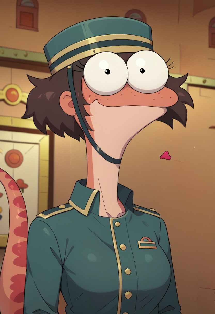 ((bedroom background)),score_9, score_8_up, score_7_up,score_6_up, 
1girl, Solo, furry, female newt, bella_amphibia, dark brown hair, short messy hair, black eyes, big eyes, salmon skin, light underbelly, freckles, long salmon tail with dark patterns, dark aquamarine doorman hat with gold lines, dark aquamarine doorman jacket with gold details, petrol blue pants with gold trim, barefoot, medium stature, social smile, sexy face, close-up, face photo, perfect eyes, perfect smile, looking at the viewer, big breasts, detailed eyes, perfect eyes