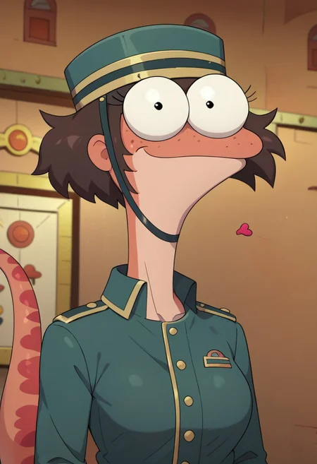 ((bedroom background)),score_9, score_8_up, score_7_up,score_6_up,
1girl, Solo, furry, female newt, bella_amphibia, dark brown hair, short messy hair, black eyes, big eyes, salmon skin, light underbelly, freckles, long salmon tail with dark patterns, dark aquamarine doorman hat with gold lines, dark aquamarine doorman jacket with gold details, petrol blue pants with gold trim, barefoot, medium stature, social smile, sexy face, close-up, face photo, perfect eyes, perfect smile, looking at the viewer, big breasts, detailed eyes, perfect eyes