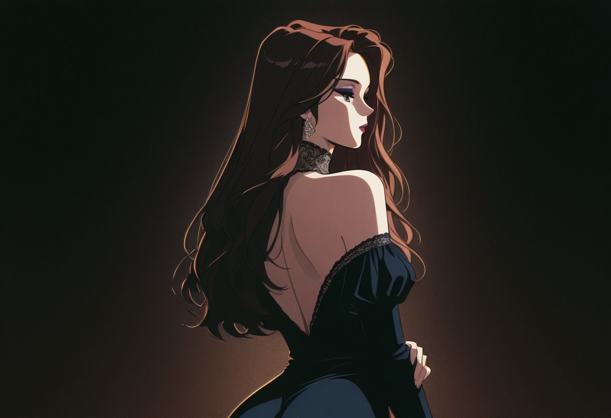 masterpiece, best quality, amazing quality, high detail, absurdres, glitch artwork, (retro anime style, fine line art, flat colors), (glitches, artifacts), chromatic aberration, heavy film grain, 1girl, long straight brown hair, parted bangs, off-shoulder dress, lace collar, makeup, ass