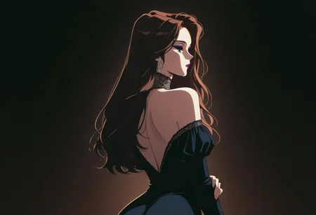 masterpiece, best quality, amazing quality, high detail, absurdres, glitch artwork, (retro anime style, fine line art, flat colors), (glitches, artifacts), chromatic aberration, heavy film grain, 1girl, long straight brown hair, parted bangs, off-shoulder dress, lace collar, makeup, ass