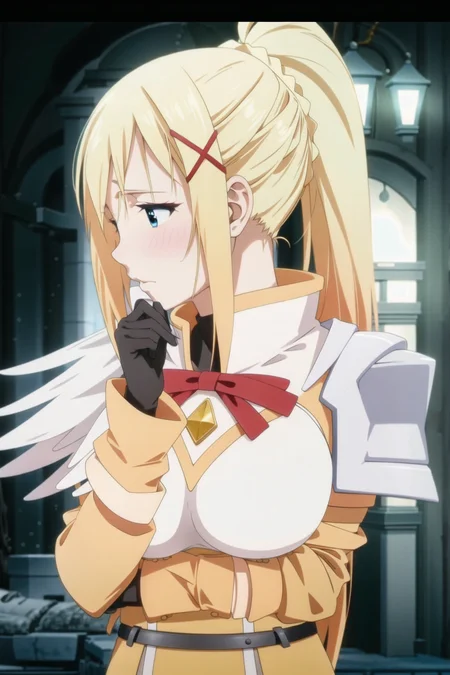 masterpiece, best quality, DarknessKonosuba, 1girl, solo, long hair, blush, blue eyes, blonde hair, large breasts, upper body, ponytail, sidelocks, black gloves, hairclip, coat, fur trim, profile, x hair ornament, letterboxed, between breasts, <lora:DarknessLora:0.75>