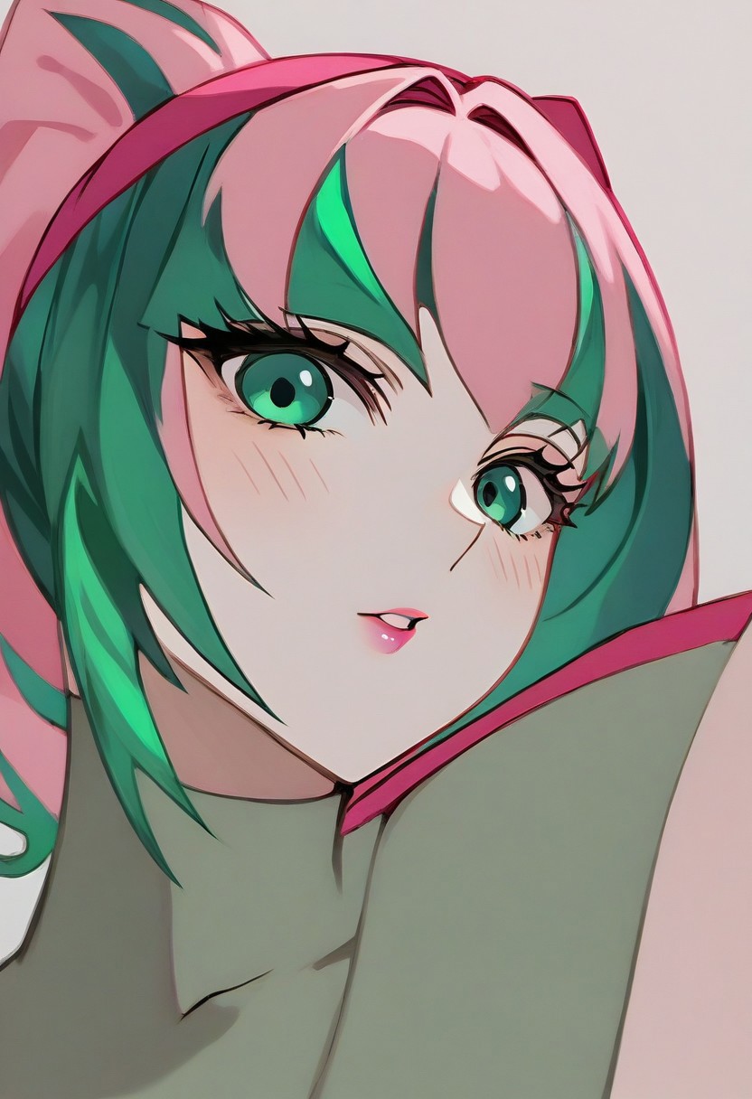 sak_nar, pink hair, anime style, pink hairband  portrait, looking sideway to the viewer, ponytail, dramatic, sharp outlines, high contrast, masterpiece, ultra detailed, fine details, intricate, ornamental, elegant, malachite_style , pink lipstick , blushing , sexy looking, fit body , muscular body, abs