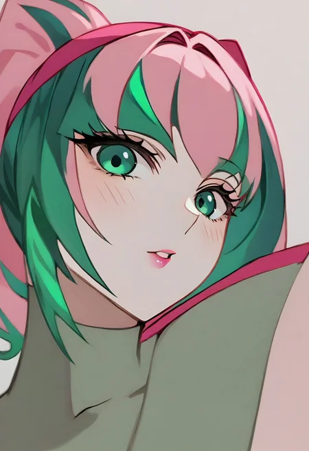 sak_nar, pink hair, anime style, pink hairband portrait, looking sideway to the viewer, ponytail, dramatic, sharp outlines, high contrast, masterpiece, ultra detailed, fine details, intricate, ornamental, elegant, malachite_style , pink lipstick , blushing , sexy looking, fit body , muscular body, abs