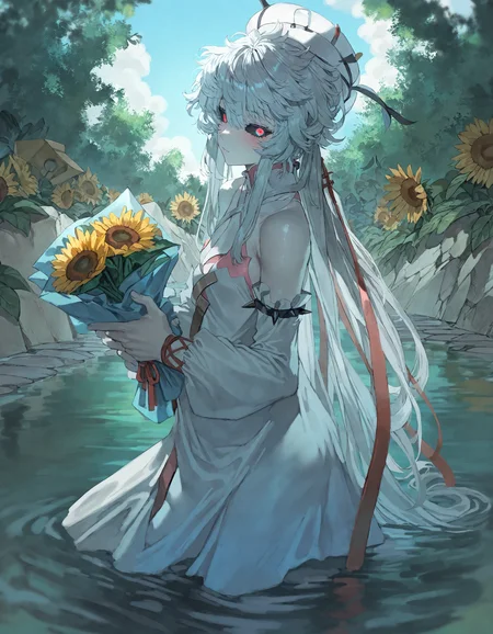 van_gogh_(fate),van_gogh_(third_ascension)_(fate), fate/grand_order, munakata_(sekimizu_kazuki):1.2,mogudan:0.7, hamada_yoshikazu:0.8 ,toriyama_akira_(style):0.8, quasarcake:0.8,rolua, ,negative space,
masterpiece, highres, absurdres, newest,
1girl ,black_sclera, blue_eyes ,bouquet ,breasts ,colored_sclera, colored_skin, detached_sleeves, flower ,flower_wrapper ,hat ,small_breasts ,sunflower, water ,white_hair ,white_skin,
, detailed background,
<lora:ponyv4_noob1_2_adamW:0.5>, <lora:add-detail-xl:0.5>