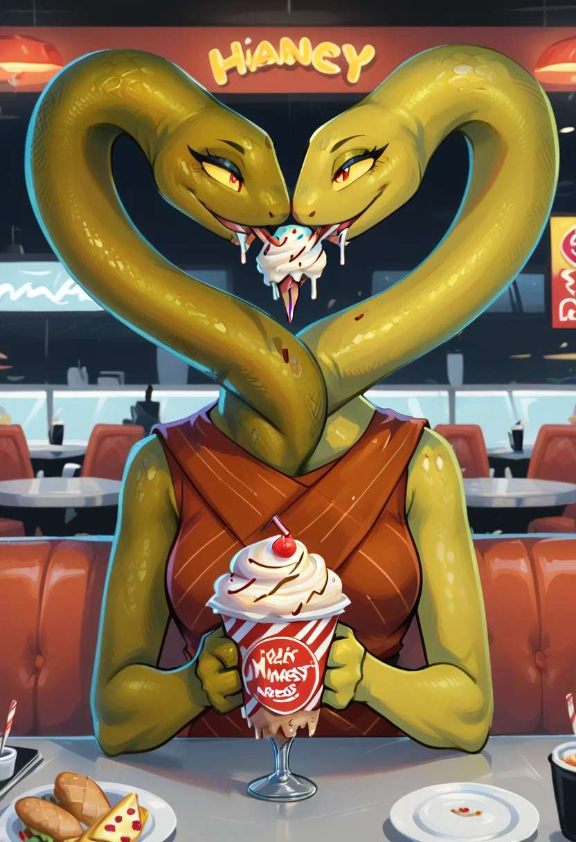 score_9, score_8_up, score_8, <lora:Life_Adventure_Time_for_PonyXL:0.8> 1girl, l1fe, snake girl, conjoined, multi head, solo, diner, restaurant, eating ice cream,