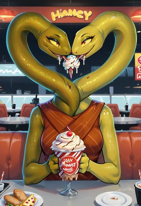 score_9, score_8_up, score_8, <lora:Life_Adventure_Time_for_PonyXL:0.8> 1girl, l1fe, snake girl, conjoined, multi head, solo, diner, restaurant, eating ice cream,