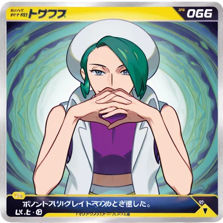 1boy, Wallace (Pokemon ORAS),male focus, sidelocks, short hair, Green hair, white headwear, crop top, purple shirt, sleeveless, white vest, white pants,
20-year-old,
gendou_pose, own hands together, own hands clasped, interlocked fingers,upper body
in Take style,
Pokemon TCG,