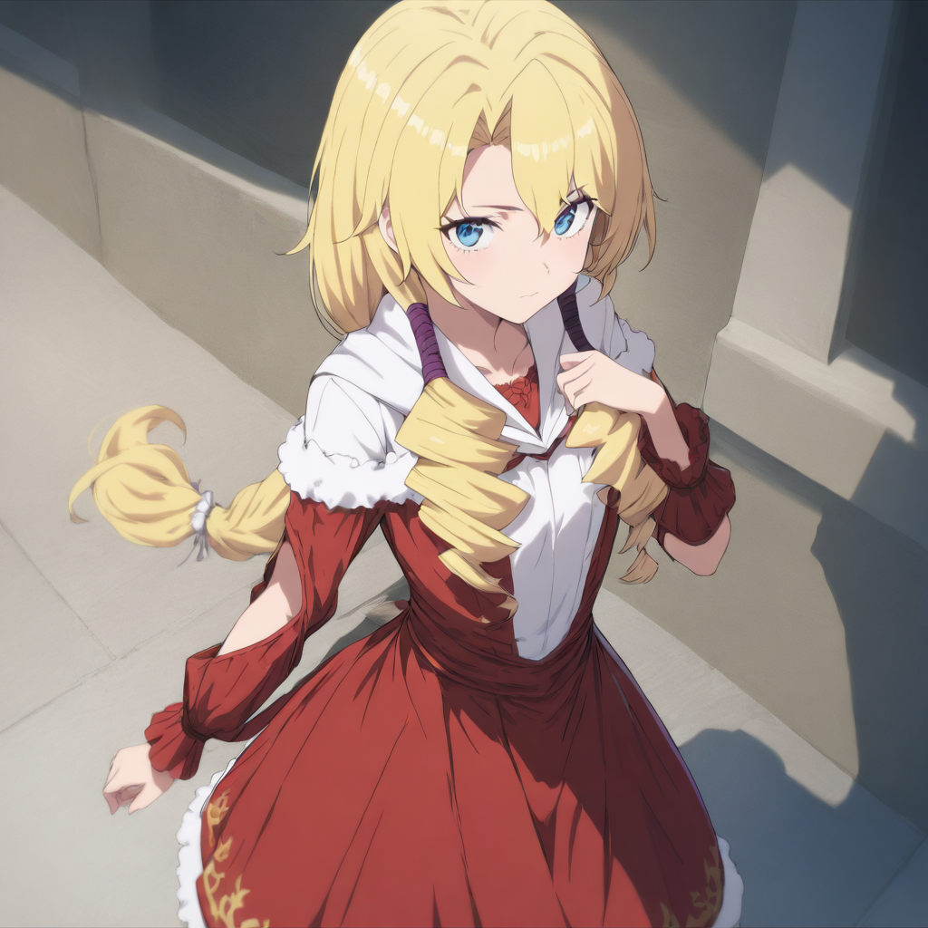 1girl,solo,looking at viewer,masterpiece,high score,great score,absurdres,red dress,<lora:Lashara_tmwg ag4o v1:1> lashara_tmwg, blonde hair, blue eyes,