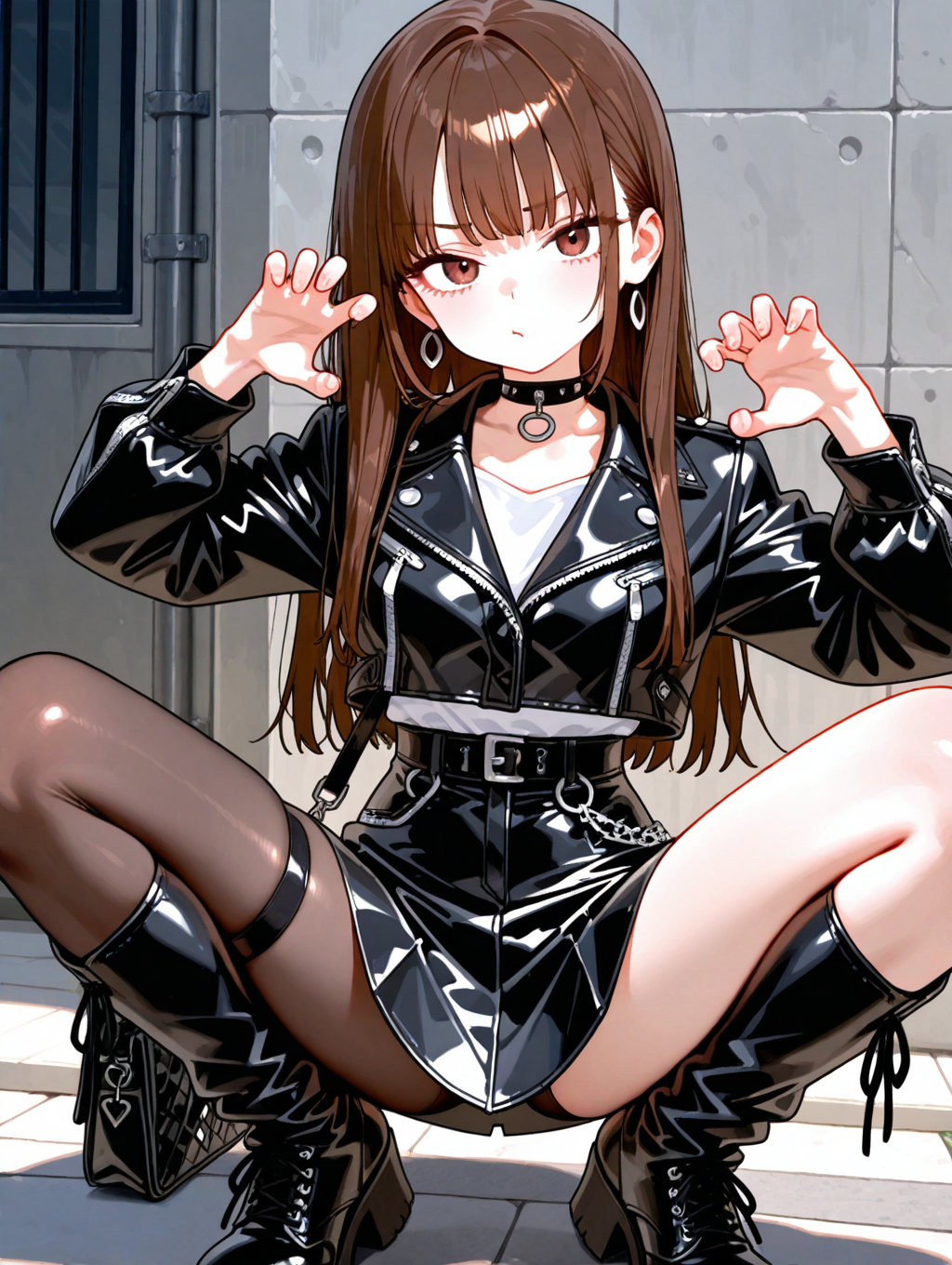1girl, young, hair:long hair,
hair:straight hair,
hair color:chocolate brown,
hair highlight:caramel,
eye color:hazel,
(tsurime:0.6),
outfit:edgy chic outfit,
top:cropped leather jacket,
top detail:zipper accents,
bottom:high-waisted faux leather skirt,
skirt style:asymmetrical hem,
footwear:knee-high combat boots,
accessory:choker with spikes,
accessory:statement ring,
accessory:crossbody bag,
looking at viewer,
interesting pose,
outdoor, masterpiece, best quality, amazing quality, very aesthetic, absurdres, highly detailed, high resolution