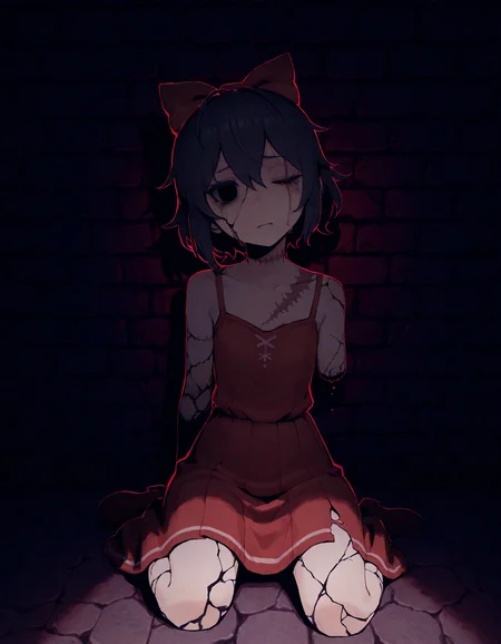masterpiece,best quality,absurdres,very awa,highres,newest,year 2024,year 2023,<lora:illustrious_noobai_epsilon_pred_1_masterpieces_v1:0.7>,<lora:ponyv4_noob1_2_adamW:0.7>,<lora:spo_sdxl_10ep_4k-data_lora_webui:0.6>,<lora:add-detail-xl:0.35>,<lora:KonyaKarasue:0.4>,kiyama enma,fuyumurasaki,abara heiki,1girl,<lora:Mita-MiSide-4-4-Illustrious:0.8>,TinyMita,1girl,((deformed face)),((scar)),(black eyes),hair bow,red dress,one eye closed,sitting,broken,amputee,empty eyes,tears,head tilt,against wall,brick wall,darkness,dark,bad end,tragedy,horror \(theme\),torn clothes,wariza,body horror,((cracked skin)),