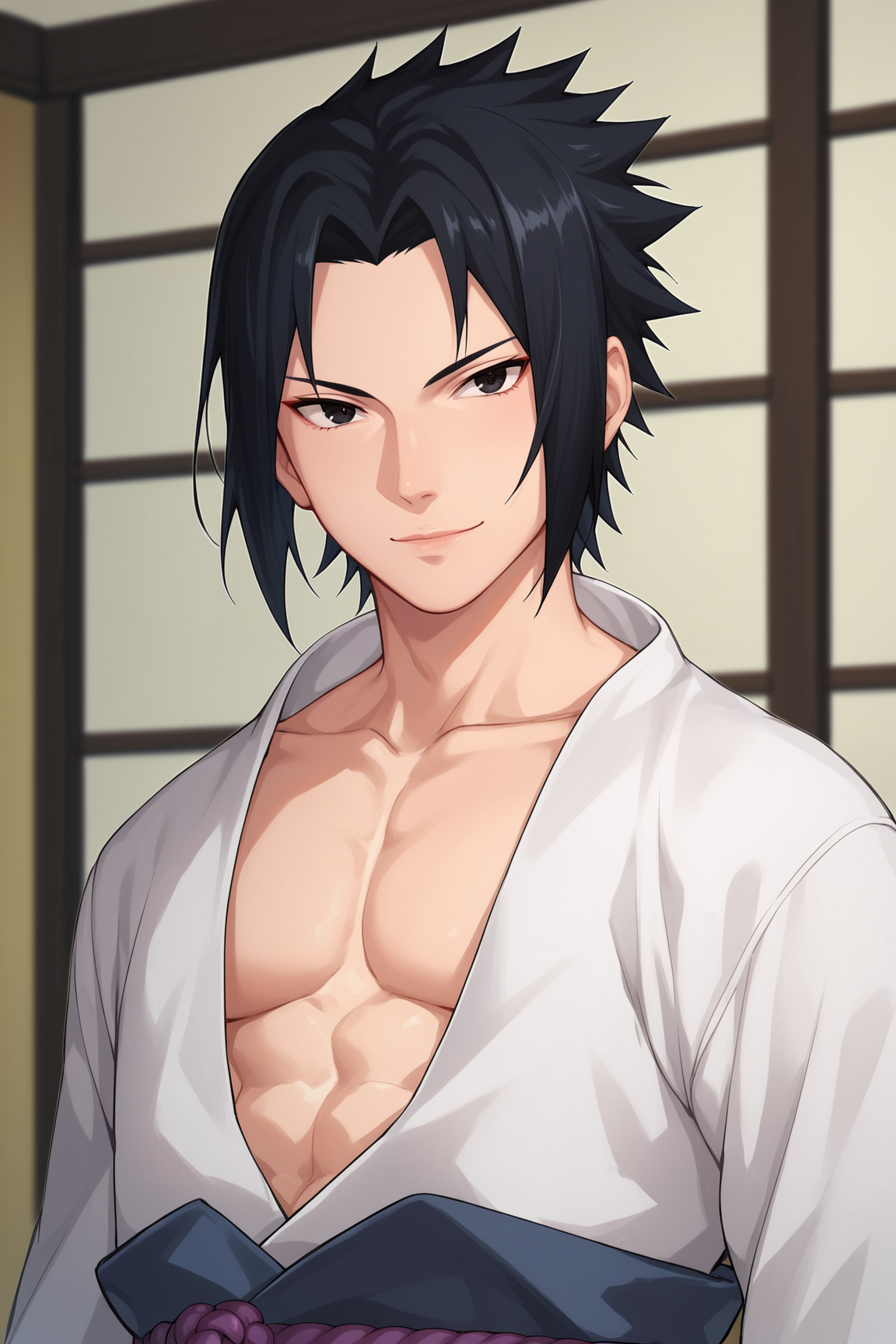 score_9, score_8_up, score_7_up, score_6_up, score_5_up, score_4_up, SasukeSXL, black eyes, black hair, short hair, spiked hair, parted bangs, pectorals, collarbone, open kimono, japanese clothes, white kimono, long sleeves, black gloves, fingerless gloves, (sash), purple rope belt, solo, front view, (portrait, upper body), solo focus, seductive smile, looking at viewer, indoors <lora:SasukeSXL:0.9>