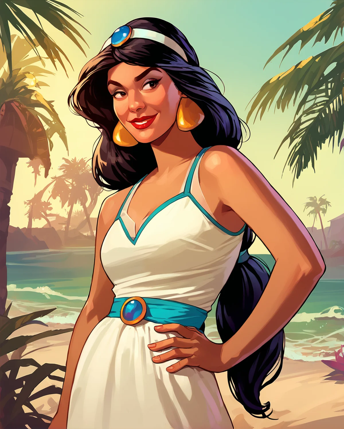gta5, 1girl, black eyes, black hair, cowboy shot, dark skin, dark-skinned female, earrings, hand on hip, jasmine, jewelry, lipstick, long hair, makeup, multi-tied hair, red lips, smile, solo, standing, very long hair, at beach, palm trees <lora:_SELF_fallen_ai_PONY_gta5_style_b:1> <lora:jasmine:0.7>, zPDXL, score_8_up, score_7_up, score_6_up, score_9, illustration