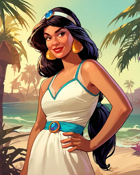 gta5, 1girl, black eyes, black hair, cowboy shot, dark skin, dark-skinned female, earrings, hand on hip, jasmine, jewelry, lipstick, long hair, makeup, multi-tied hair, red lips, smile, solo, standing, very long hair, at beach, palm trees <lora:_SELF_fallen_ai_PONY_gta5_style_b:1> <lora:jasmine:0.7>, zPDXL, score_8_up, score_7_up, score_6_up, score_9, illustration