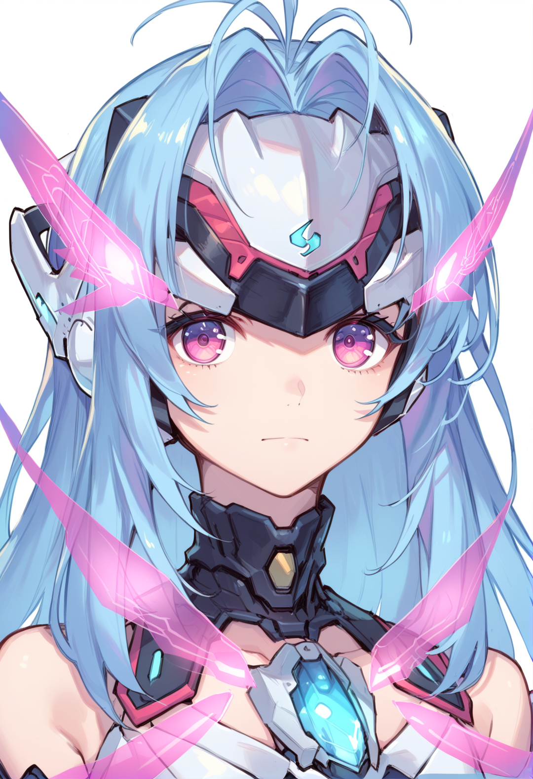 (score_9:0.9),score_8_up,score_7_up,rating_safe,anime style,(zPDXL),<lora:XB2 kos mos re ponyXL v1:0.7>,kos-mos re xb2,white forehead protector,white highleg leotard,1girl,solo,looking at viewer,simple background,closed mouth,white background,expressionless,glowing,pink armor,