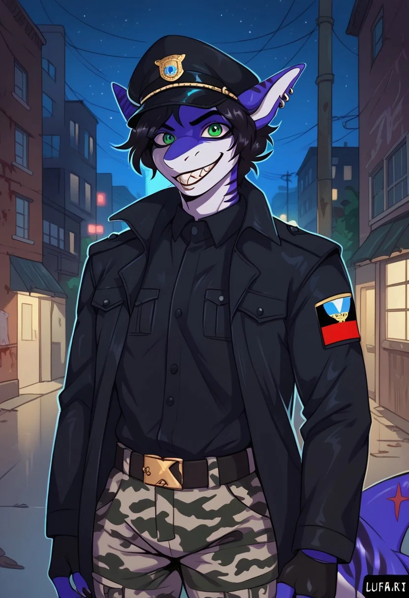 ziffir_stylepxl, score_9, score_8_up, score_7_up, 1boy, solo, lunarsunxl, anthro shark,dark blue skin, stripes on the body, short hair,lush hair,black hair, green eyes, shark tail, ear piercing, BREAK, black officer's cap of the USSR soldiers, long black leather raincoat, black fingerless gloves, camouflage pants, looks at the viewer, predatory gaze, crazy eyes, wide smile, shark teeth, bloody face, holds a mauser pistol in his hands, background night alley of the city, night, dark atmosphere, horror