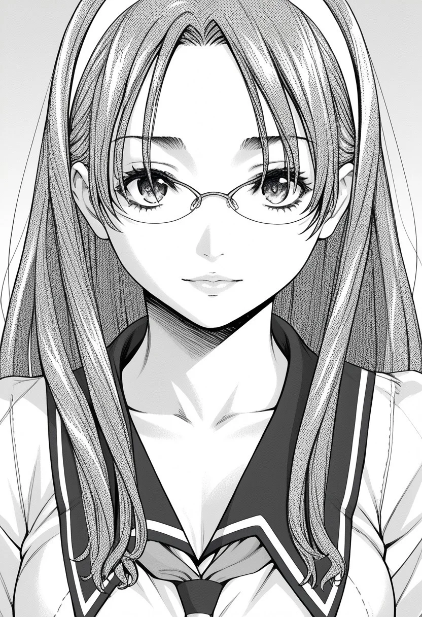 score_9, score_8_up, score_7_up, source_anime,(extremely detailed CG), (best quality),monochrome, greyscale,
amamori,
glasses,school uniform,front view,