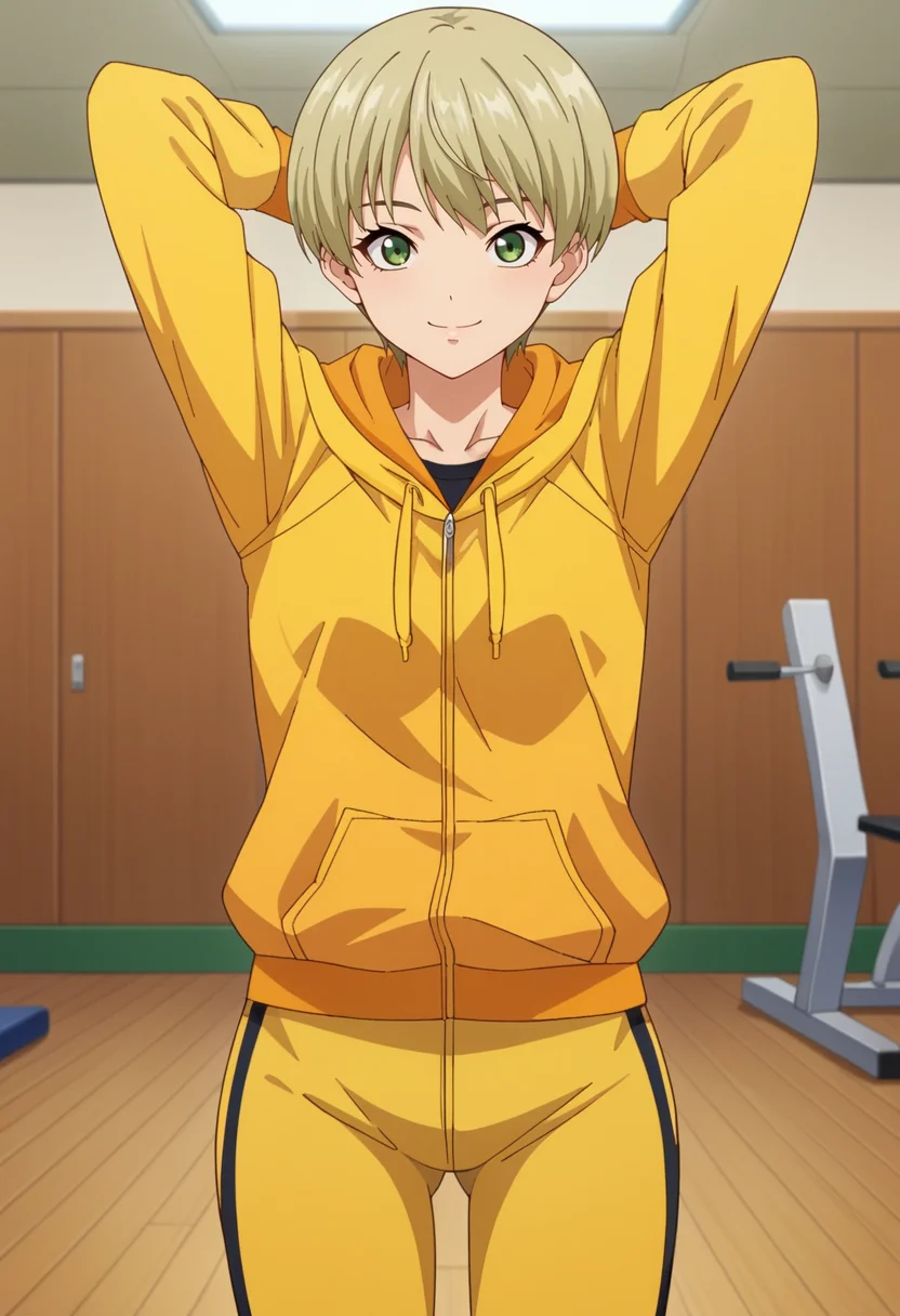 score_9,score_8_up,score_7_up,anime coloring BREAK source_anime,anime,<lora:Pao-Lin_Huang__Dragon_Kid_ãã¡ã³ããªãªã³__ãã©ã´ã³ããã__TIGER__BUNNY__PonyXL>,1girl,solo,paolinh,short hair,green eyes,blonde hair,hoodie,yellow pants,looking at viewer,smile,standing,arm_behind_head,arms_up,looking_at_viewer,indoors,gym,
