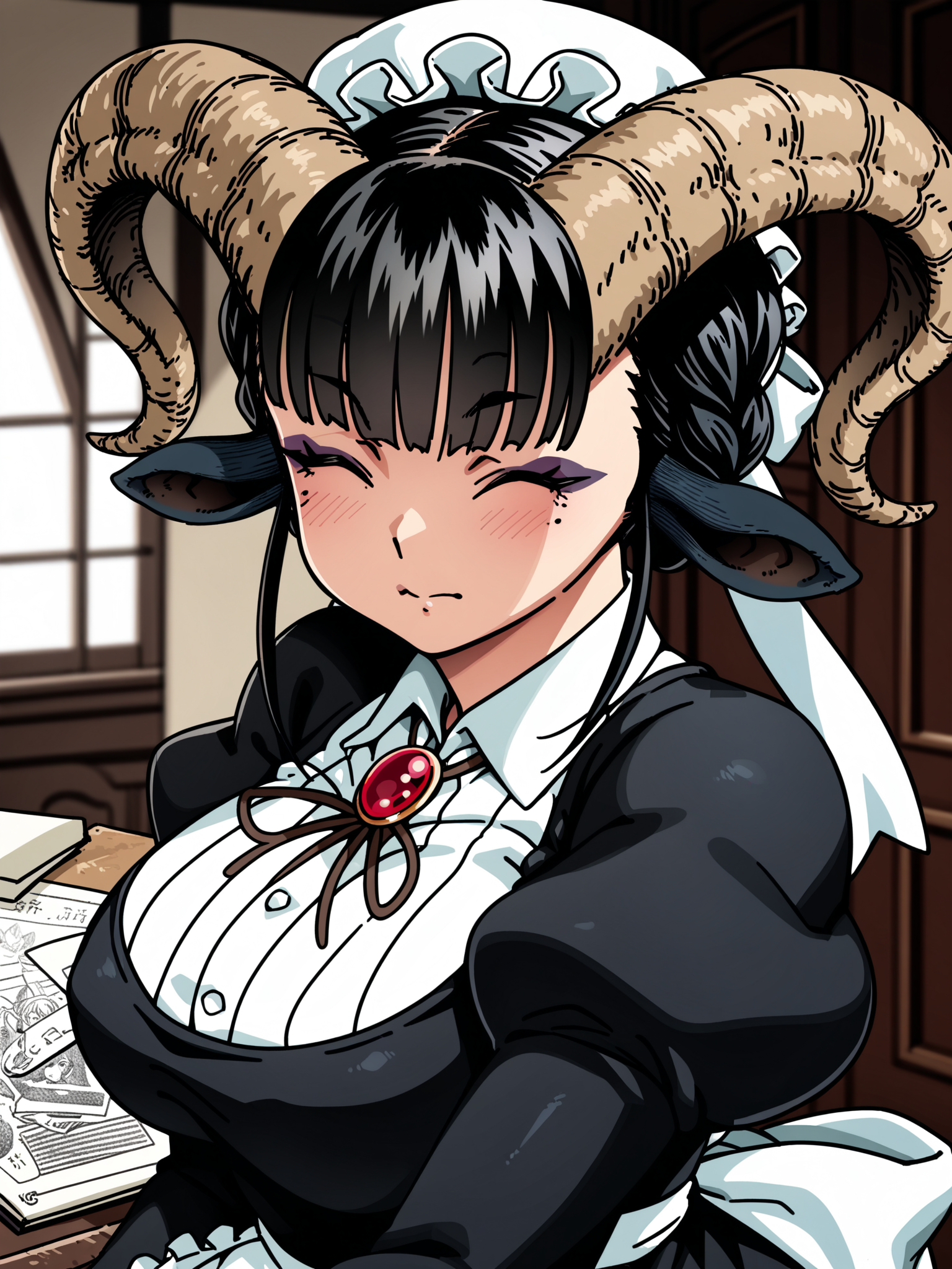 <lora:happy_tentacle-maya-v0.6-000026:0.9>, ht_maya, satyr, goat girl, goat horns, goat tail, hooves, horizontal pupils, yellow eyes, eyeshadow, maid, apron, mob cap, collared shirt, long sleeves, puffy sleeves, juliet sleeves, brooch, indoors , 1girl, solo, upper body , jitome , (wince :1.2), , looking at viewer , standing , facing viewer , score_9, score_8_up, score_7_up, score_6_up, score_5_up, score_4_up