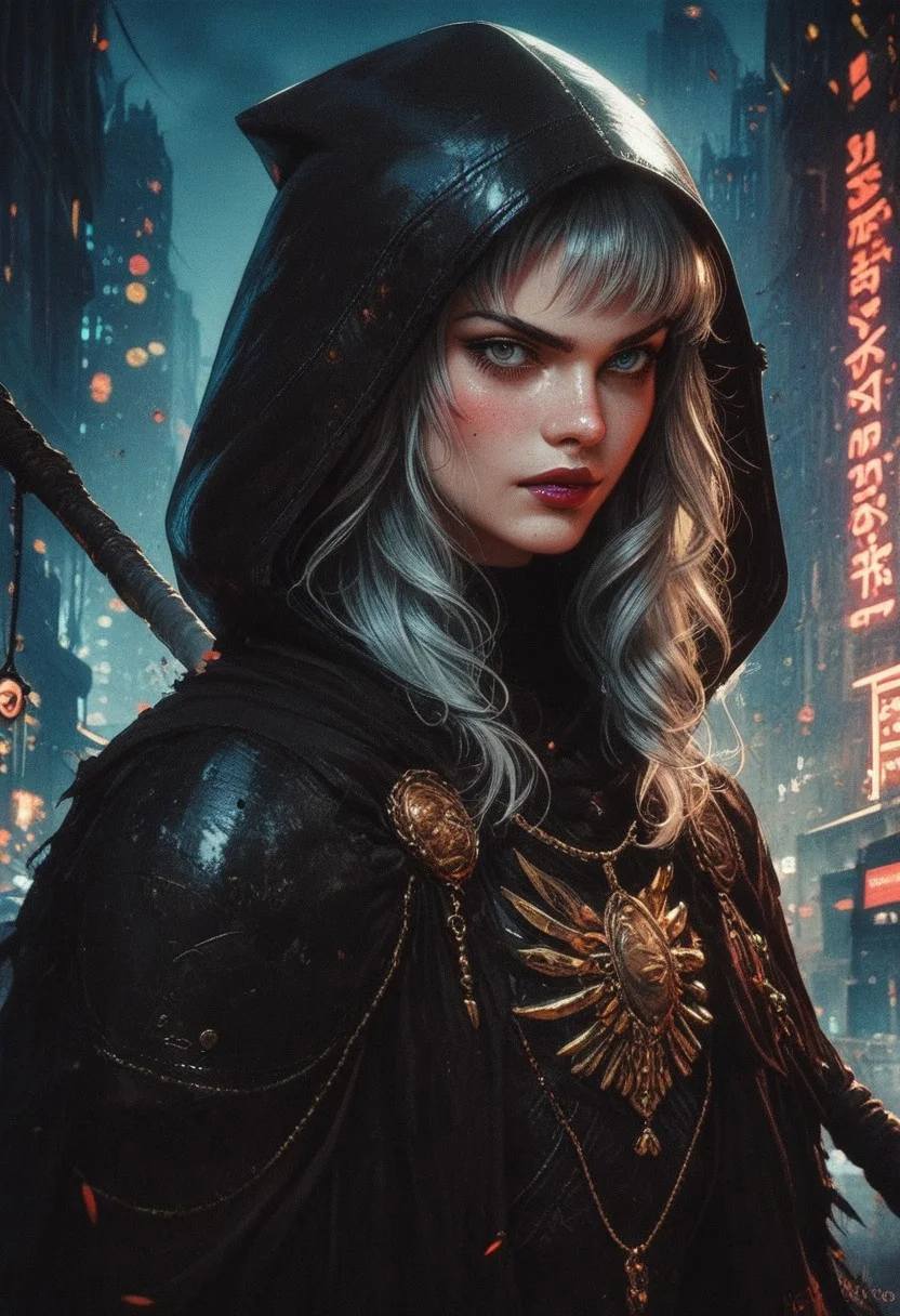 score_9, score_8_up, score_7_up,
A teenage superheroine wearing a striking death-themed costume stands confidently in a dramatic urban setting. Her outfit combines sleek, modern armor with gothic details: a black bodysuit adorned with skeletal patterns glowing faintly in eerie silver, a flowing tattered cape resembling shadows, and a hood that frames her determined face. Her eyes glow with an intense light, exuding both strength and mystery. She holds a scythe-like energy weapon, crackling with supernatural power. The background features a dimly lit city skyline, with swirling mist and flickering streetlights, emphasizing her enigmatic and powerful presence as she prepares to face danger