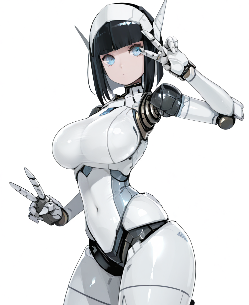 <lora:sc5:1> sc5,
(masterpiece), (best quality), (ultra-detailed), amazing quality, very aesthetic, illustration, perfect composition, intricate details, absurdres, incredibly absurdres, shiny skin, realistic,
 sc5, solo, 1girl, blue eyes, breasts, white background, robot joints, android, looking at viewer, joints, simple background, blunt bangs, v, no humans, robot, black hair, sensitive