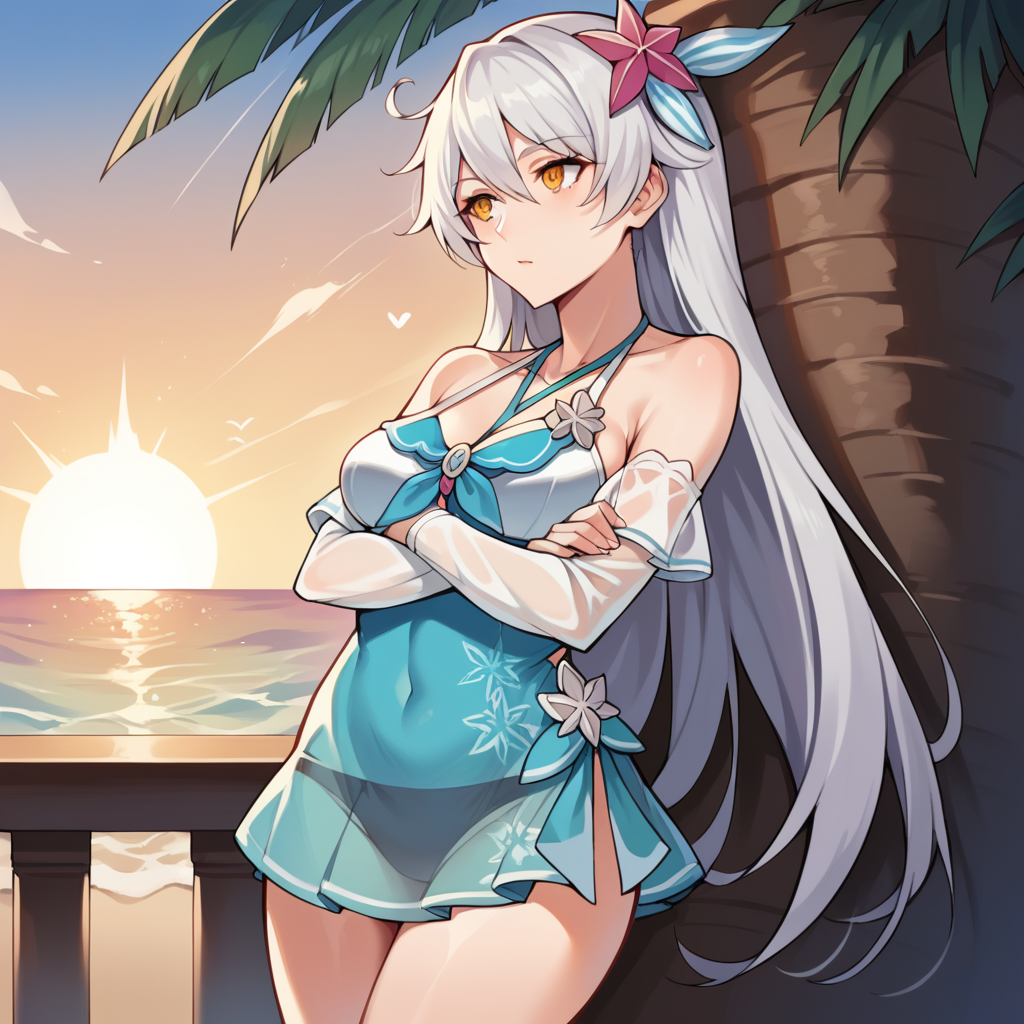 score_9_up, score_8_up, score_7_up, score_6_up, source_anime, 1girl, solo, HoV, HoV_Swimsuit, masterpiece, best quality, evening, sun rays, sunset, standing against tree, holding cocktail, reclining, looking to side, crossed arms, from front, emotionless, long hair, white hair, yellow eyes, kiana kaslana, swimsuit, sundress, dark persona, hair between eyes, summer uniform, bikini bottom only, see-through, sidelocks, bare shoulders, shell hair ornament, detached sleeves, mature body, dynamic cowboy shot, outdoors, palm trees, beach ocean background