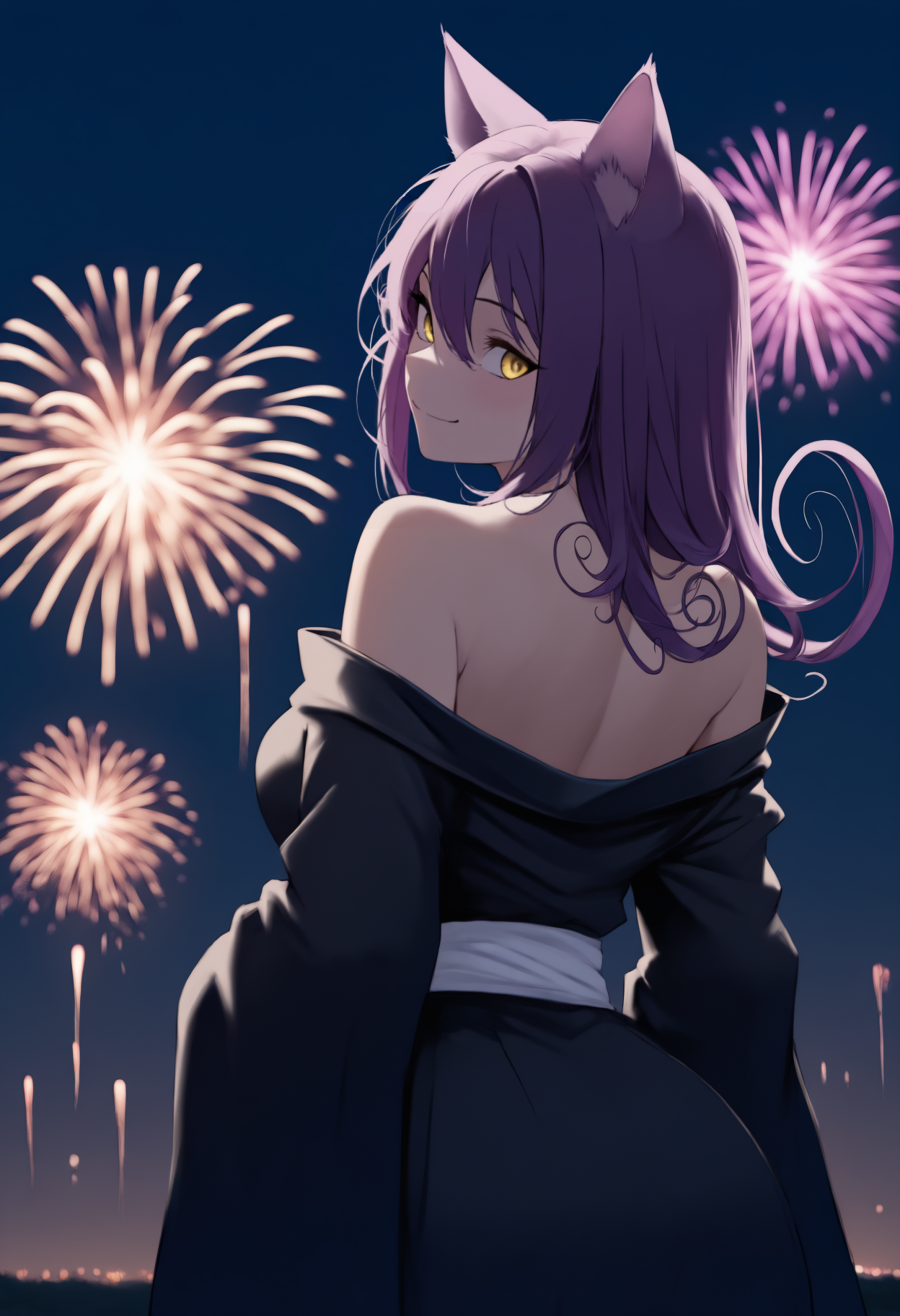 anime, masterpiece, best quality, newest, from behind, solo, 1girl, bl4ir, smile, looking back, long hair, purple hair, hair between eyes, curly hair, cat ears, yellow eyes, japanese clothes, black kimono, off shoulder, white sash, bare shoulders, outdoors, night, fireworks
<segment:yolo-face_yolov8m.pt,0.4,0.5//cid=1>