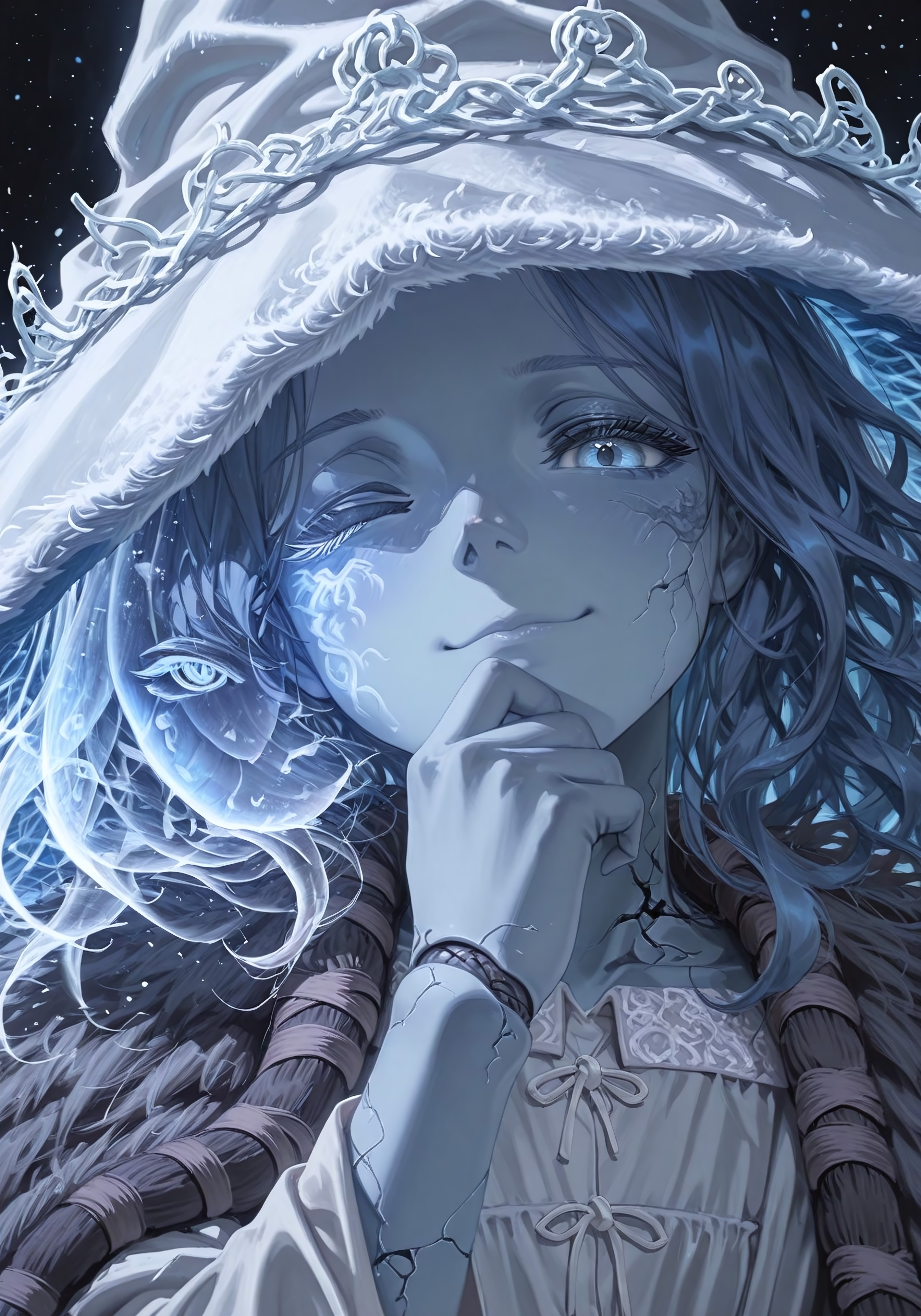 ((closed up:1.5)),((face focus:1.5)),(looking at viewer:1.3),(suggestive look:1.3),(smug)

(1 girl:1.5),(Ranni the witch:1.5),(elden ring:1.5),(blue eyes:1.2), (one eye closed:1.1), (blue hair:1.3), (wavy hair:1.1), (4 arms:1.5), (extra faces:1.2), (ghost face:1.3), (blue skin:1.2), (colored skin:0.8), (cracked skin:1.1), (doll joints:1.2), (witch hat:1.3), (large hat), (white headwear), (white dress), (long sleeves), (fur cloak), (brown cloak)

(dark Background:1.2),(cold hue:1.2),(dreamy aesthetic:1.3)

(dynamic pose:1.3),(dynamic angle:1.3),(shallow depth of field),(detailed hair:1.3),(hair strand:1.3),(foreshortening),(extreme perspective)

alphonse,Anime-art,amazing quality,aesthetic,Masterpiece,Best quality,Detailed,((Detailed background :1.5)),((anime background:1.5)),(detailed scenery:1.5))