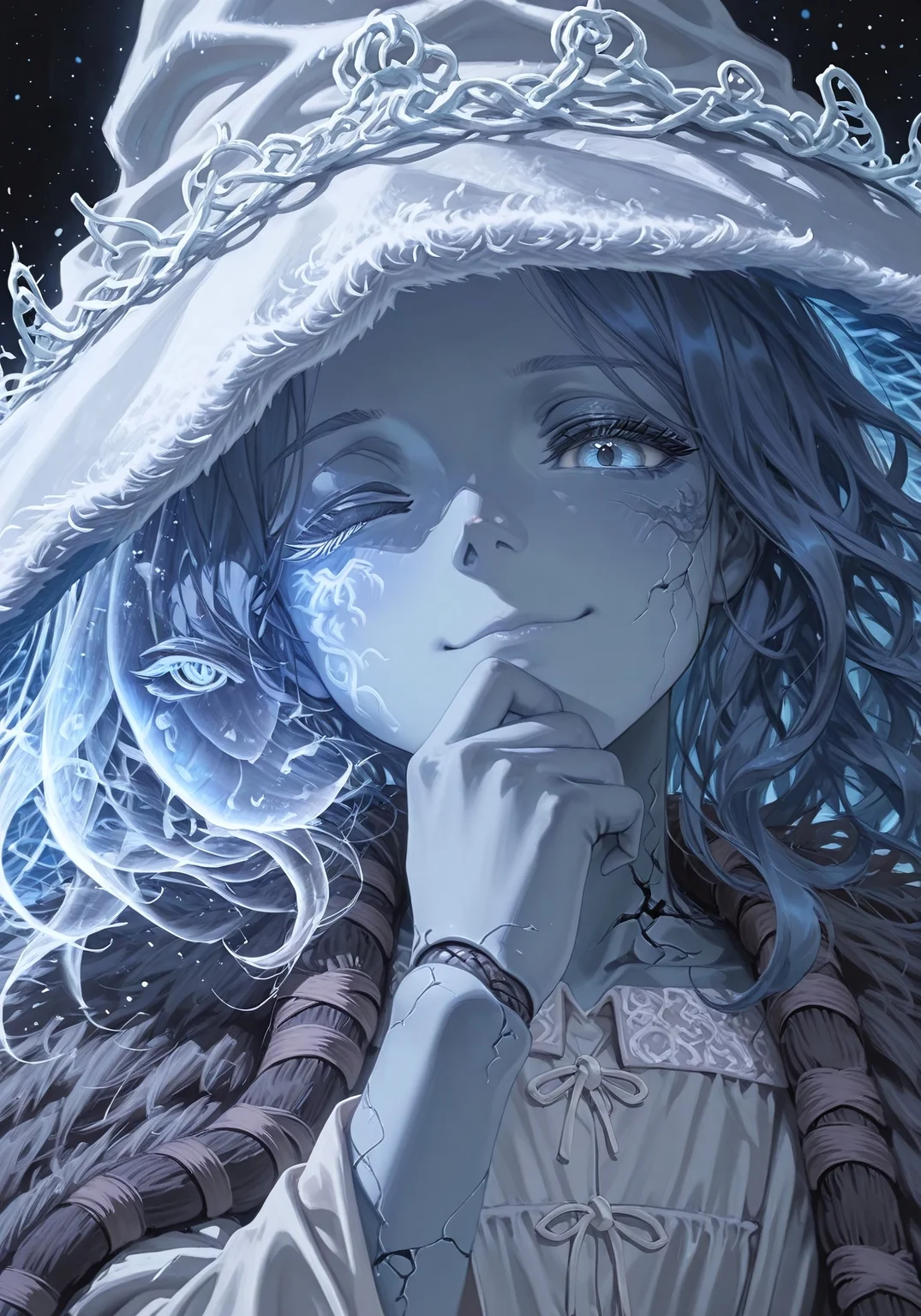 ((closed up:1.5)),((face focus:1.5)),(looking at viewer:1.3),(suggestive look:1.3),(smug)

(1 girl:1.5),(Ranni the witch:1.5),(elden ring:1.5),(blue eyes:1.2), (one eye closed:1.1), (blue hair:1.3), (wavy hair:1.1), (4 arms:1.5), (extra faces:1.2), (ghost face:1.3), (blue skin:1.2), (colored skin:0.8), (cracked skin:1.1), (doll joints:1.2), (witch hat:1.3), (large hat), (white headwear), (white dress), (long sleeves), (fur cloak), (brown cloak)

(dark Background:1.2),(cold hue:1.2),(dreamy aesthetic:1.3)

(dynamic pose:1.3),(dynamic angle:1.3),(shallow depth of field),(detailed hair:1.3),(hair strand:1.3),(foreshortening),(extreme perspective)

alphonse,Anime-art,amazing quality,aesthetic,Masterpiece,Best quality,Detailed,((Detailed background :1.5)),((anime background:1.5)),(detailed scenery:1.5))