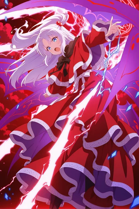 absurdres, highres, masterpiece, best quality, amazing quality, official anime artwork, screencap, anime screencap, open mouth, serious, dynamic pose, 
 <lora:Shinki_Illustrious:1> shinki, 1girl, solo, blue eyes, white hair, long hair, high side ponytail, small breasts, multiple wings, demon wings,, hair bobbles, black ribbon, red capelet, red dress, wide sleeves, danmaku, magic circle, red theme, red sky, clouds, lightning,