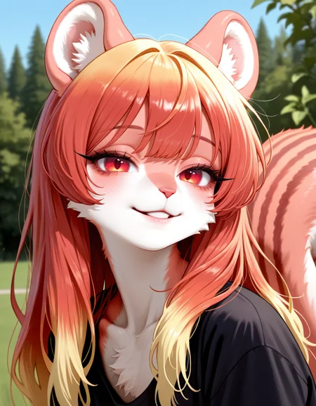 masterpiece, best quality, very aesthetic, absurdres,
outdoors,
headshot, face focus,
black shirt, 
 seductive smile, parted lips, long eyelashes,
<lora:Namuta_v01_NAIXL:1>
Namuta,1girl,solo,furry,furry female,squirrel girl,squirrel ears,long hair,multicolored hair,red eyes,animal nose,body fur,squirrel tail,