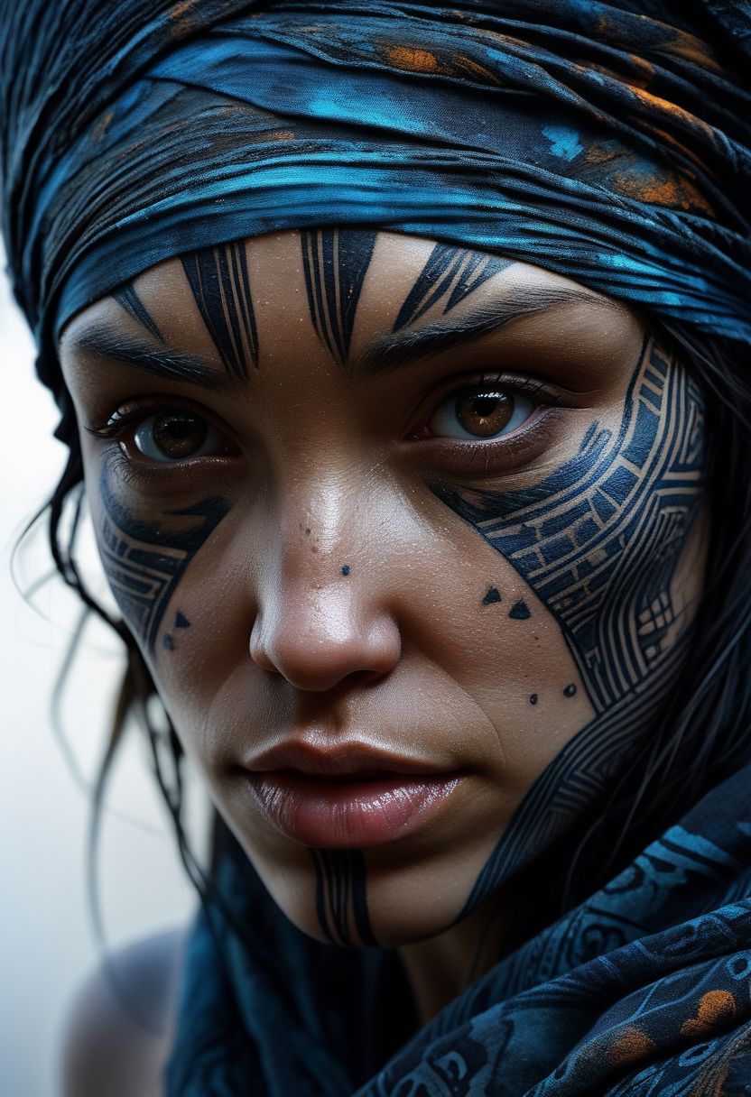 Close-up face, mysterious silhouette of a maori woman in worn down cloth, by Minjae Lee, Carne Griffiths, Emily Kell, Steve McCurry, Geoffroy Thoorens, Aaron Horkey, Jordan Grimmer, Greg Rutkowski, amazing depth, double exposure, surreal, geometric patterns, intricately detailed, bokeh,  perfect balanced, deep fine borders, artistic photorealism , smooth,  great masterwork by Suiras  <lora:add-detail-xl:2>  <lora:Double_Exposure:0.5>