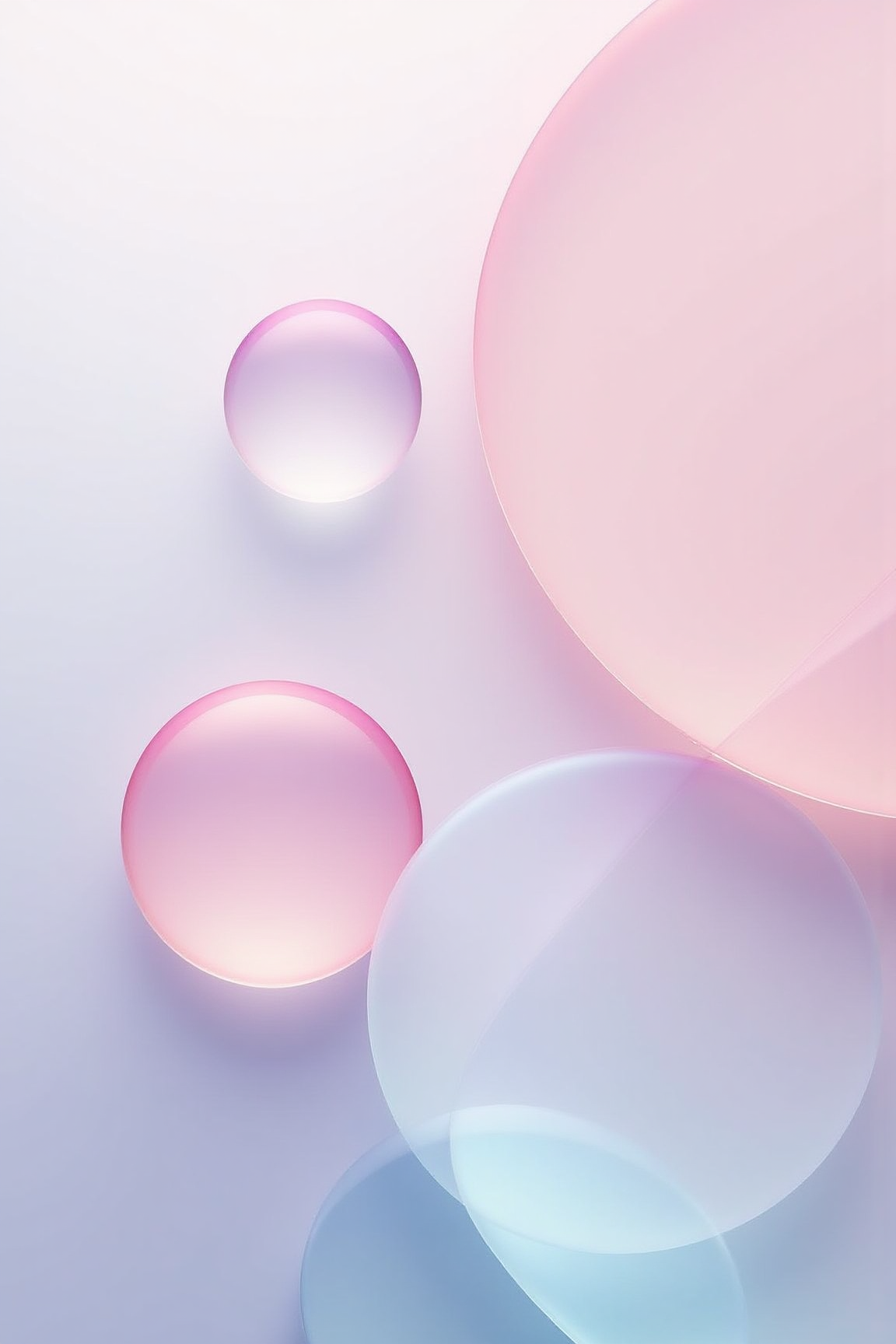 , YFG-Ge0m An ethereal wallpaper featuring a series of overlapping circles, each with a subtle gradient and a soft, diffused edge, creating a mesmerizing interplay of light and shadow. The circles appear to be floating in a nebulous space, with a soft, ethereal glow that emanates from their centers. The colors are pastel hues, with a palette of soft pinks, blues, and purples, creating a sense of tranquility and serenity. The background is a subtle gradient blend of lighter tones, creating a sense of depth and perspective. The overall effect is a dreamy and contemplative design, perfect for a calming and relaxing atmosphere.