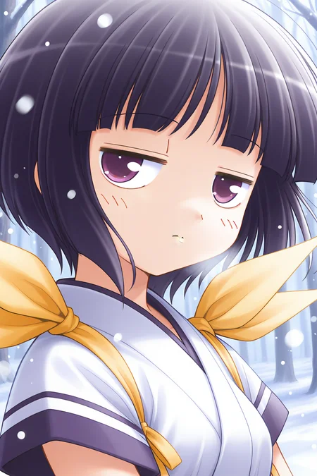 masterpiece, best quality, absurdres, official art, official style, general BREAK <lora:arisakashiina_IL_v1-2:0.7>, arisaka shiina, 1girl, solo, purple eyes, black hair, purple hair, short hair, bob cut, blunt bangs, flat chest, small breasts BREAK japanese clothes, white dress, short sleeves, shoulder ribbon, yellow ribbon, blue line, upper body, close-up, portrait, outdoors, snowing,
blush, closed mouth, jitome, looking at viewer