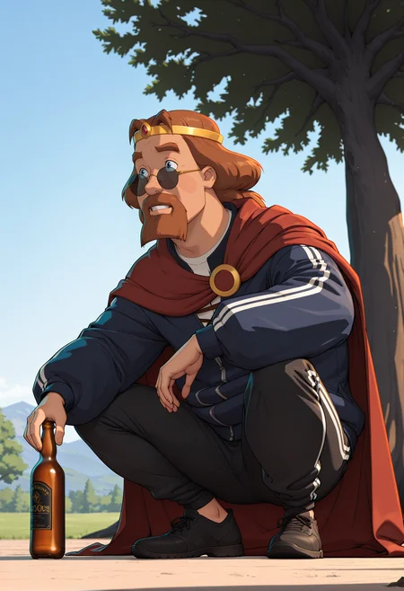 anime artwork cinematic film still concept art masterpiece, best quality,high quality, newest, highres,absurdres,
<lora:zayz:1>knyaza, 1boy, male focus, solo, facial hair, mustache, brown hair, cape, beard, blue eyes, circlet, crown,
bottle, sunglasses, solo, outdoors, jacket, tree, track suit, track jacket, holding, pants, squatting, holding bottle, black headwear, shoes, black pants, track pants, black footwear, black jacket, long sleeves, beer bottle <lora:DarkerThanBlackIllustrious:0.6> low angle, night, . digital artwork, illustrative, painterly, matte painting, highly detailed . shallow depth of field, vignette, highly detailed, high budget Hollywood movie, bokeh, cinemascope, moody, epic, gorgeous, film grain, grainy . anime style, vibrant, studio anime, highly detailed