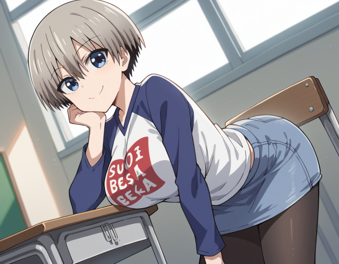 score_9, score_8_up, score_7_up, source_anime,
hanauzaki, <lora:hana-uzaki-s1-ponyxl-lora-nochekaiser:0.8>,
hana uzaki, short hair, blue eyes, large breasts, grey hair,
skirt, shirt, pantyhose, black pantyhose, denim, clothes writing, raglan sleeves, denim skirt, romaji text,
indoors, classroom, bent over, smile,
looking at viewer, cowboy shot, solo, dutch angle,