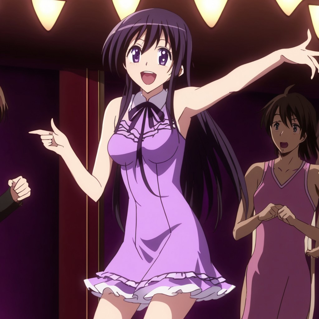 Safe , Kyouko Sonan , standing , hand gestures , singing in party karoke , hand on hips , cheerful and happy , beautiful violet dress , full-body , smile , mouth open