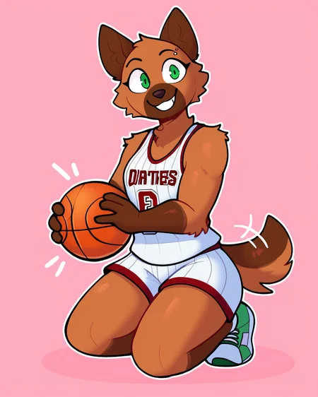 score_9_up, score_8_up, score_7_up, score_6_up, by remanedur, brown body, short hair, furry female, female, furry, green eyes, eyebrow piercing, solo, smile, happy, three-quarter view, head tilt, basketball uniform, tail, sneakers, on ground, kneeling, basketball \(ball\), tailwag, simple background, white outline, <lora:Leah_Pines(AIM)_XL_v1:0.15> <lora:PDXL_artist_tags_v2_big:0.6> <lora:The-Minuscule-Task_PDXL_v1.0:0.6> <lora:Rose_Naire_sonokido:0.65>