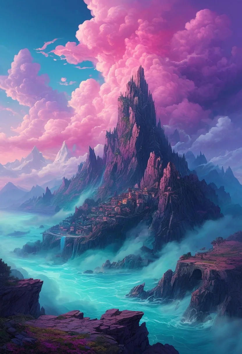 DB4RZ style painting, Epic fantasy landscape, mountainous, ruined city, dramatic clouds, swirling mist, vibrant color palette (pink, teal, purple, dark blues), dramatic lighting, soft warm light, building on top of a rocky island, ethereal mist, stormy seas around island, towering peaks, stylized rocks, detailed textures, intricate structures, photorealistic style, (atmospheric haze:1.2), (detailed cloud formations:1.1), digital art, middle ground perspective, middle-right composition, fantasy world, high detail, 8k resolution., <lora:FLUX-daubrez-DB4RZ-v2:1> DB4RZ, DB4RZ style painting