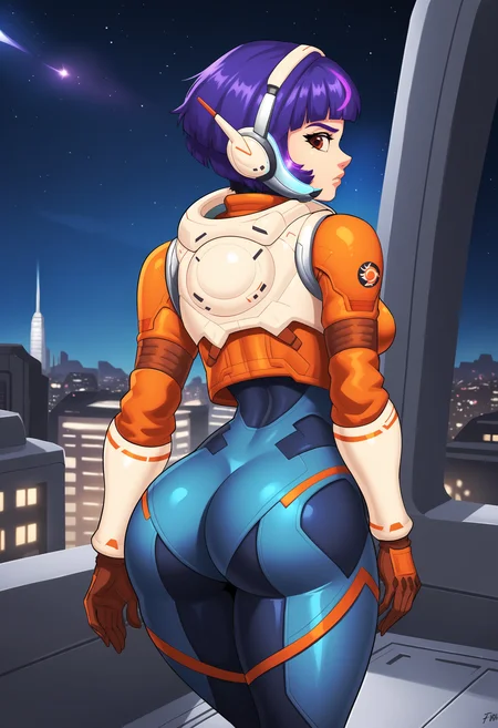 EBJuno, 1girl, solo, short hair, brown eyes, purple hair, blunt bangs, medium breasts, thick thighs, gloves, bodysuit, helmet, spacesuit, space helmet, outdoors, rooftop, city, night sky, from behind, ass, looking back, 
 <lora:Juno-04:0.9>, <lora:xl_more_art-full_v1:0.8>