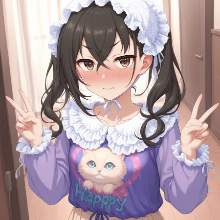 masterpiece, best quality, indoors,
<lora:BabyAkira:1>, BabyAkira, white headwear, black hair, long hair, twintails, hair between eyes, crossed bangs, brown eyes, mole under eye, frills, purple shirt, print shirt, clothes writing, long sleeves, skirt, v, full-face blush, nervous, looking away