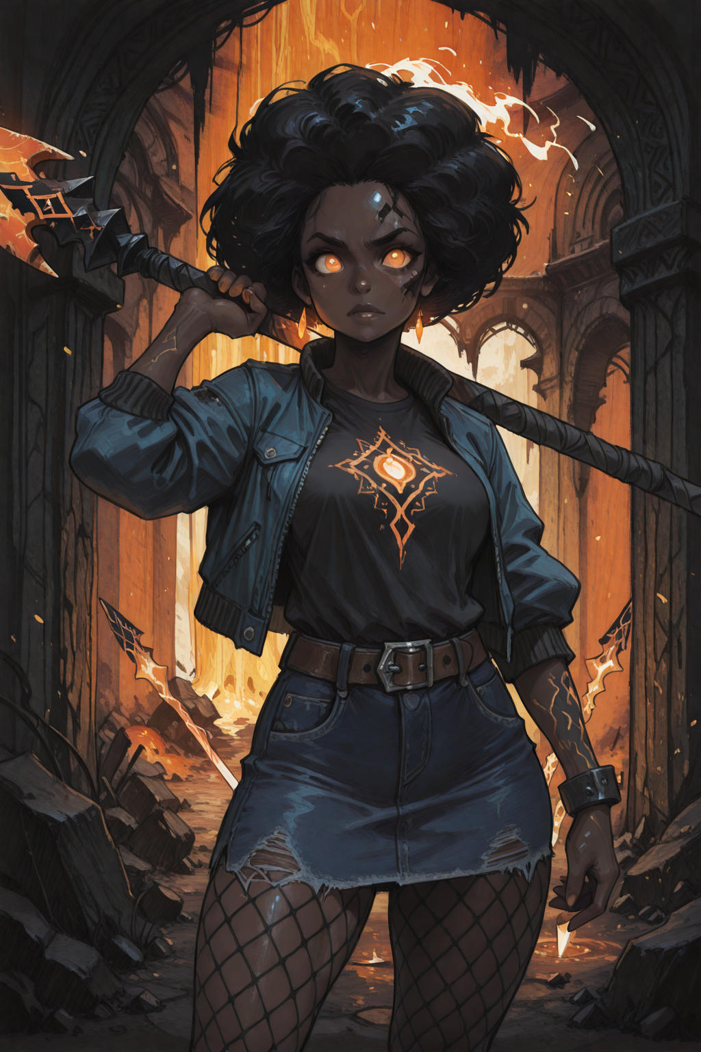 masterpiece, best quality, amazing quality, very aesthetic, absurdres, explicit, fantasy, painterly, scenery, detailed face BREAK 1girl, solo, afro, glowing hair, black hair, blue jeans jacket, t-shirt, skirt, fishnet tights, orange eye, ebony, dark-skinned female, glowing orange runes, massive spear, glowing spear, athletic, holding weapon, weapon over shoulder, belt