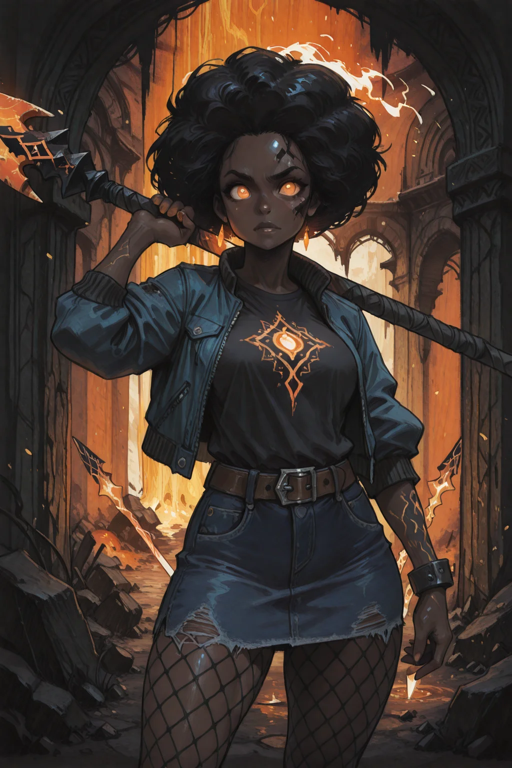 masterpiece, best quality, amazing quality, very aesthetic, absurdres, explicit, fantasy, painterly, scenery, detailed face BREAK 1girl, solo, afro, glowing hair, black hair, blue jeans jacket, t-shirt, skirt, fishnet tights, orange eye, ebony, dark-skinned female, glowing orange runes, massive spear, glowing spear, athletic, holding weapon, weapon over shoulder, belt