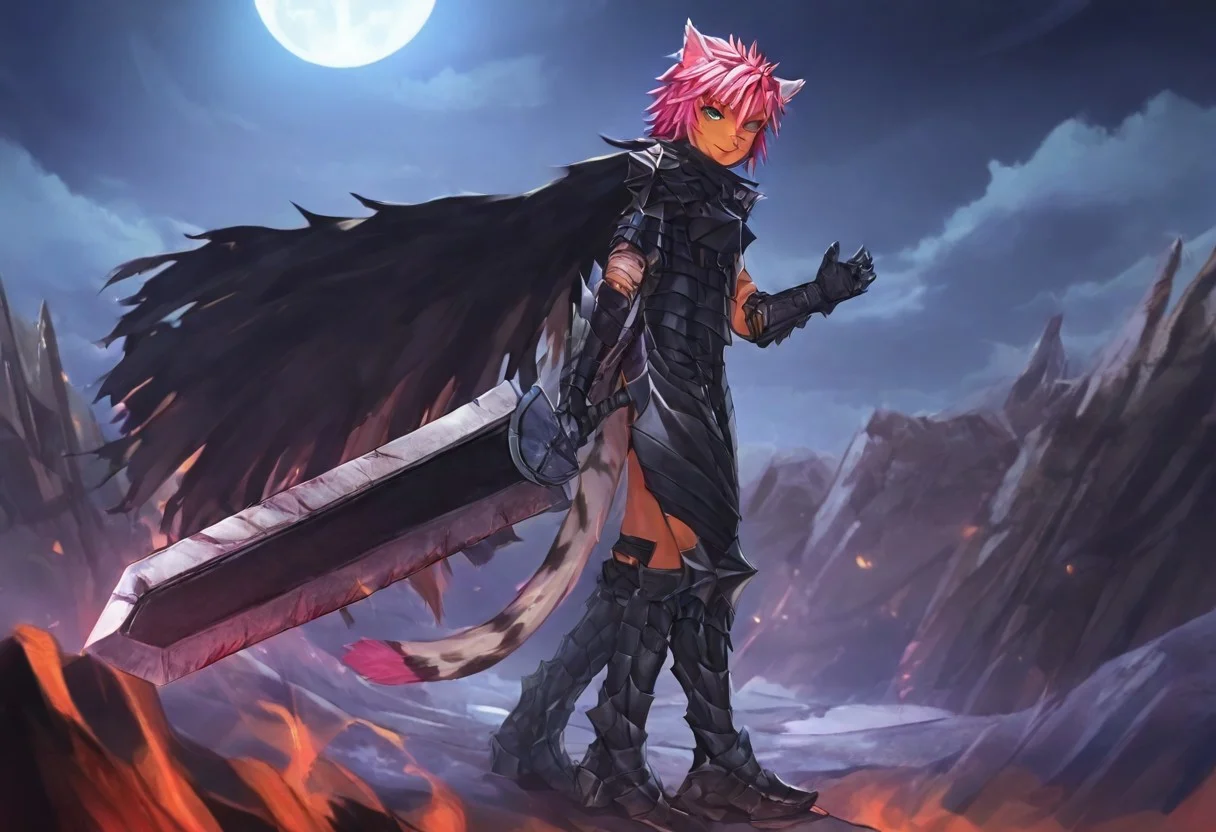 masterpiece, very aesthetic, anime screenshot, 1girl, Pink_PonyXL, DragonSlayerSword-Il.V1.0, black armor, shoulder armor, gauntlets, greaves, bandaged arm, black cape, torn cape, bright pink hair, cat ears, scar on nose, cat bell around neck, tanned, white tiger tail, small breasts, femine body, smiling, standing, looking at viewer, side view, wielding-dragonslayer, huge weapon, sword, holding sword, holding weapon, full body, zoomed in on pink_ponyxl
Break
City of hyrule on fire, at night