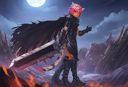 masterpiece, very aesthetic, anime screenshot, 1girl, Pink_PonyXL, DragonSlayerSword-Il.V1.0, black armor, shoulder armor, gauntlets, greaves, bandaged arm, black cape, torn cape, bright pink hair, cat ears, scar on nose, cat bell around neck, tanned, white tiger tail, small breasts, femine body, smiling, standing, looking at viewer, side view, wielding-dragonslayer, huge weapon, sword, holding sword, holding weapon, full body, zoomed in on pink_ponyxl
Break
City of hyrule on fire, at night