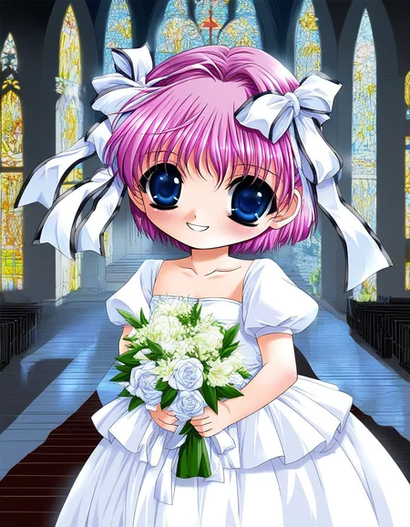 score_9, score_8_up, score_7_up, source_anime, rating_explicit, BREAK <lora:Kago_Noa_Ver2.0_XL:1> KagoNoa, pink hair, purple hair, blue eyes, hair ribbon, white ribbon, short hair, short stack,
wedding dress, church, flower, bouquet, church, Stained glass,holylight,
smile,
looking at viewer,
cowboy_Shot,