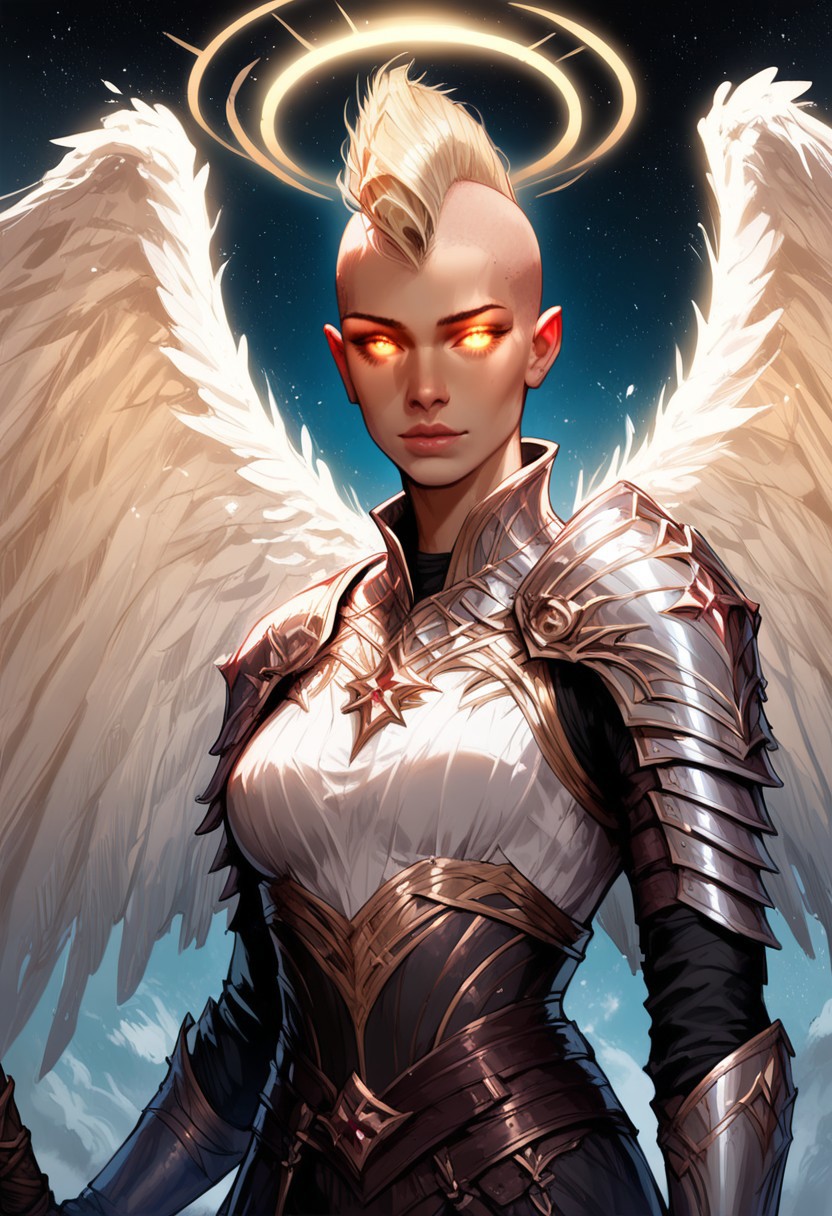 (score_9, score_8_up, score_7_up, score_6_up), (highres image, ultrares, absurdres, ultra detailed), (masterpiece:1.8), face focus, detailed faces, BREAK,
civitametapunksdxl_fem,
1girl, dynamic character design, female focus, perfect face, perfect eyes, attractive, ((beautiful)), ((druid)), ((Portrait)),  ((aasimar_fallen, white wings, golden halo, glowing eyes)), (((mohawk))), ((Shiny blonde Hair)), (Pale), (Slender, Svelte), Full Lips, Perky Breasts, Tiny Waist
BREAK
((white-Leather-Dress)), ((Interwoven Purple-Flowers and Ivy)), ((Wooden Staff with Purple Amethyst)), ((Thigh-High Boots))
BREAK
Cosmic Power, Stars, Galaxies, Nebula, Ethereal, Cinematic, Atmospheric, Detailed Background, Dramatic Lights, Concept Art, Expressiveh, ((aasimar_fallen, white wings, golden halo)), realistic, 4kFacePonyXL